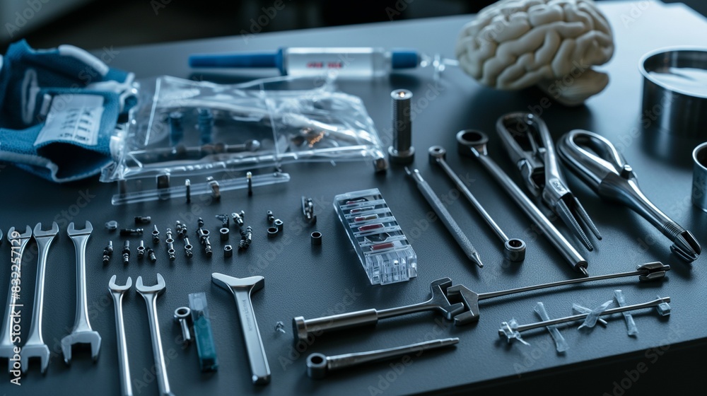 Fototapeta premium A medical-grade neural implant kit for treating neurological disorders, with tools and the implant itself laid out on a sterile table.