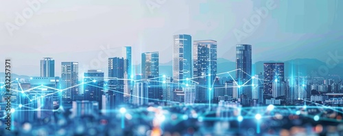 Modern city skyline with futuristic digital network overlay, symbolizing smart city technology and urban innovation.