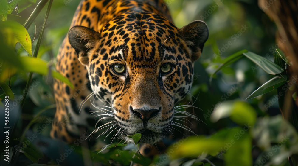 Fototapeta premium Jaguar with green eyes stalking prey in dense jungle