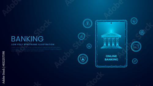 Online banking technology concept. Smartphone Banking Concept. Low Poly Wireframe Vector Illustration on Technological Blue Background. 	