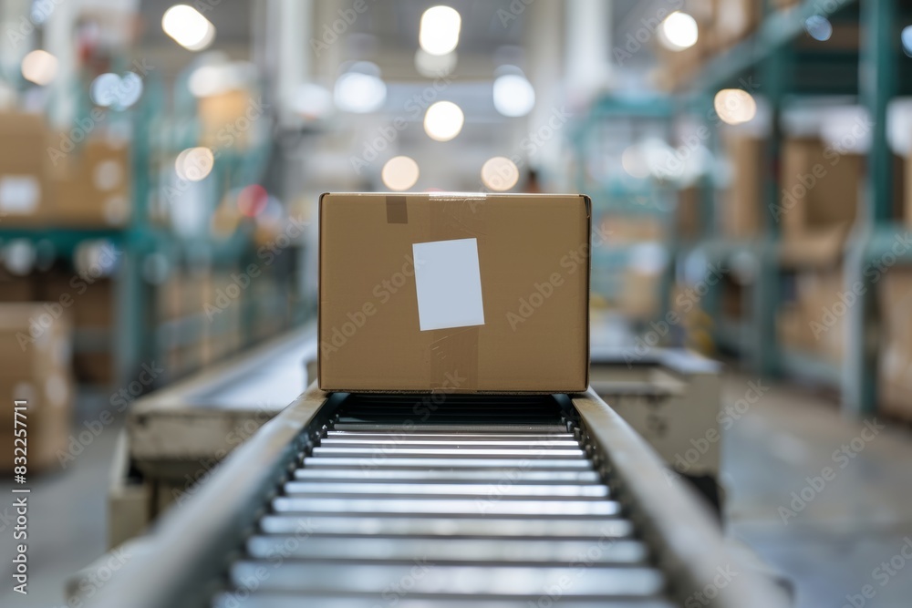 dynamic scene as multiple cardboard box packages smoothly traverse conveyor belt within busy warehouse fulfillment center, symbolizing intersection of delivery efficiency, dynamic scene as multiple cardboard box packages smoothly traverse conveyor belt within busy warehouse fulfillment center, symbolizing intersection of delivery efficiency,