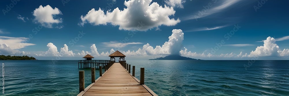 Wooden pier in a tropical setting, with the sea and a sky with white clouds as a backdrop Wooden pier in a tropical setting, with the sea and a sky with white clouds as a backdrop