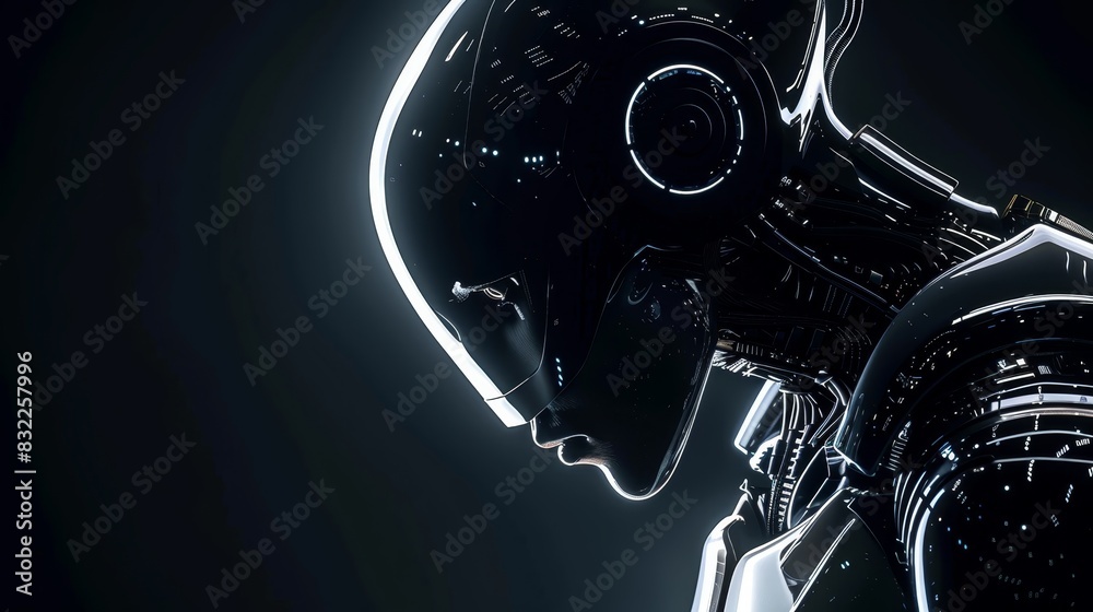Side view of a futuristic humanoid robot with an illuminated head, showcasing advanced technology and sleek design against a dark background.