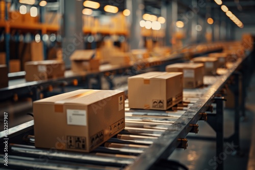 dynamic scene as multiple cardboard box packages smoothly traverse conveyor belt within busy warehouse fulfillment center, symbolizing intersection of delivery efficiency, photo