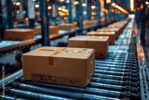 dynamic scene as multiple cardboard box packages smoothly traverse conveyor belt within busy warehouse fulfillment center, symbolizing intersection of delivery efficiency,