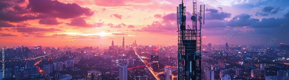 Fototapeta premium Stunning cityscape at sunset with a view of modern skyscrapers and a colorful sky from high above the urban landscape.