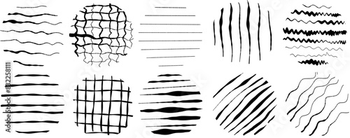 Black round stickers with various hand-drawn pencil crosshatch textures. Vector Naive Doodle Patterns. Design elements for social media posts