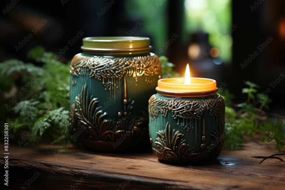 Christmas candles and fir branches on wooden table, closeup. Christmas candles and fir branches on wooden table, closeup.