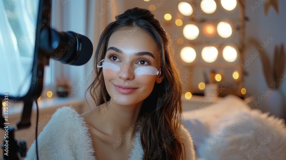 Fototapeta premium Beauty influencer recording a blog post at home with eye masks