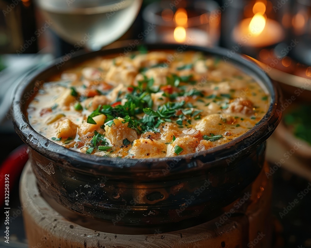 Depict a traditional dish garnished with coriander, focus on the color contrast against the food, cultural cuisine theme, surreal, Blend mode, in a dimly lit dining setting Depict a traditional dish garnished with coriander, focus on the color contrast against the food, cultural cuisine theme, surreal, Blend mode, in a dimly lit dining setting