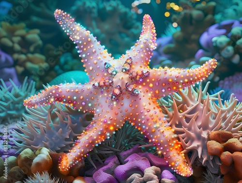 Vibrant Starfish Resting on a Lively Coral Reef in the Underwater Seascape