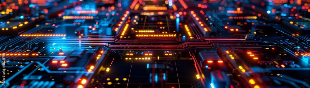 Vibrant and futuristic circuit board with glowing lights and electronic components, showcasing modern technology and digital innovation. Vibrant and futuristic circuit board with glowing lights and electronic components, showcasing modern technology and digital innovation.