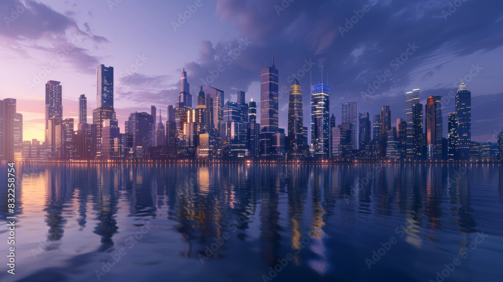 Modern city skyline at dusk with reflections on water