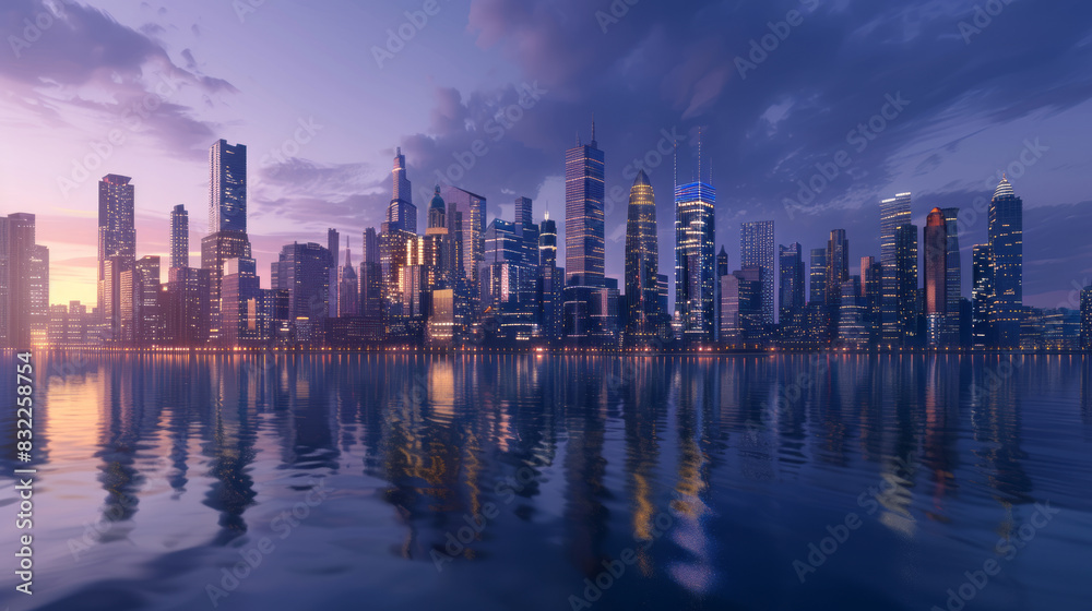 Modern city skyline at dusk with reflections on water Modern city skyline at dusk with reflections on water