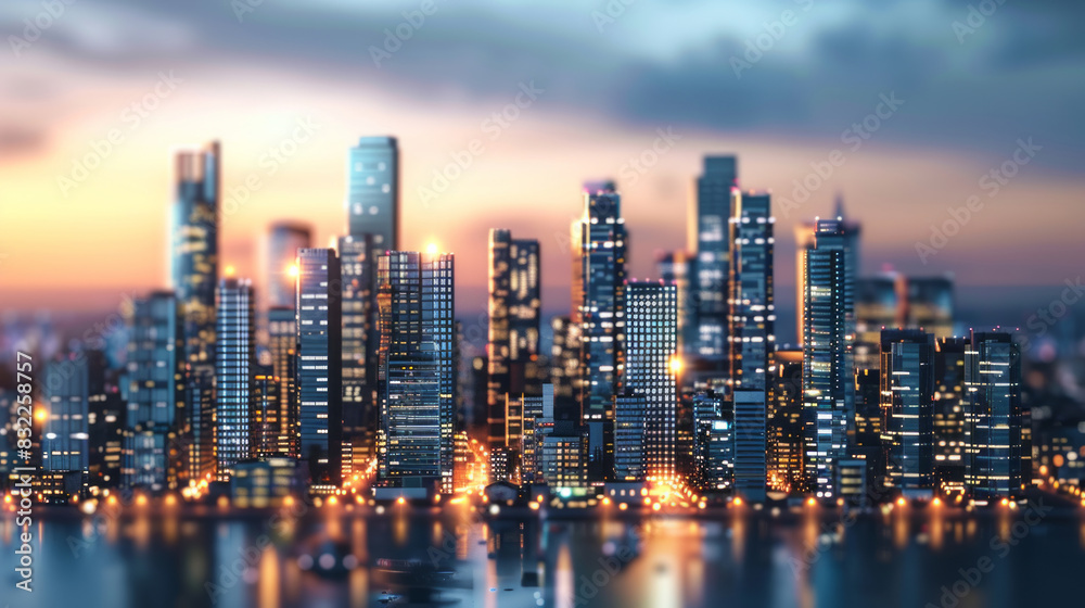 Obraz premium Modern city skyline at dusk with illuminated skyscrapers and reflections
