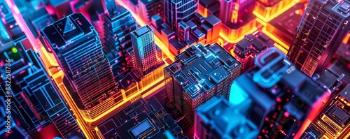 Vibrant and colorful aerial view of a futuristic cityscape at night, illuminated by neon lights and modern architecture.