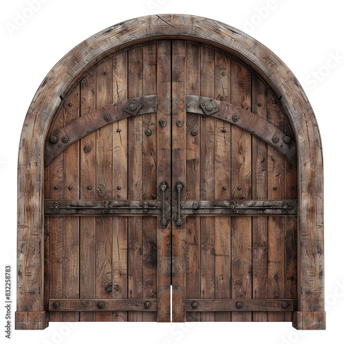 Rustic wooden gates with arched design on white background