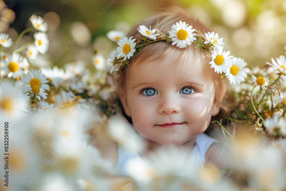 Portrait of adorable toddler girl with big blue eyes,1 years old in wreath of daisies sitting on summer chamomile meadow. Child having fun, exploring nature. Happy childhood, childcare, Adoption kid Portrait of adorable toddler girl with big blue eyes,1 years old in wreath of daisies sitting on summer chamomile meadow. Child having fun, exploring nature. Happy childhood, childcare, Adoption kid