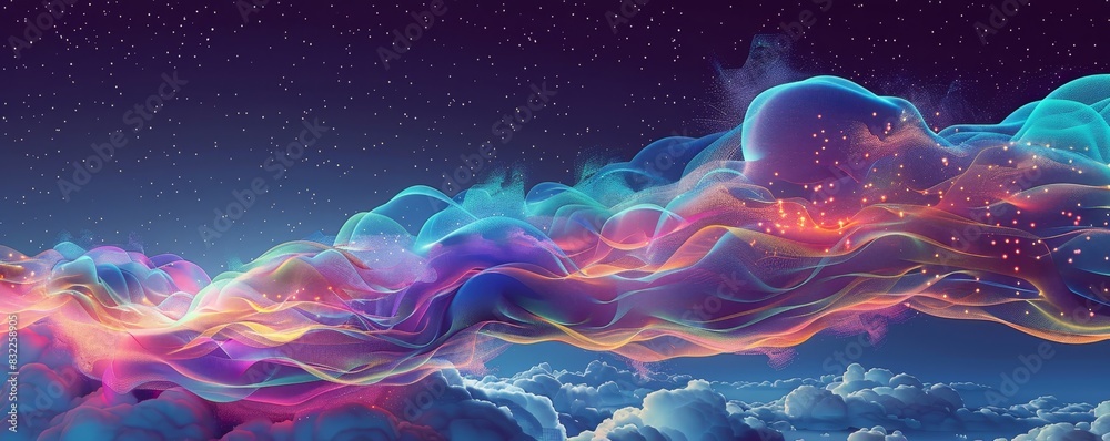 Obraz premium Vivid, colorful abstract digital art with swirling clouds resembling a dreamlike landscape against a starry night sky. Perfect for creativity and imagination.