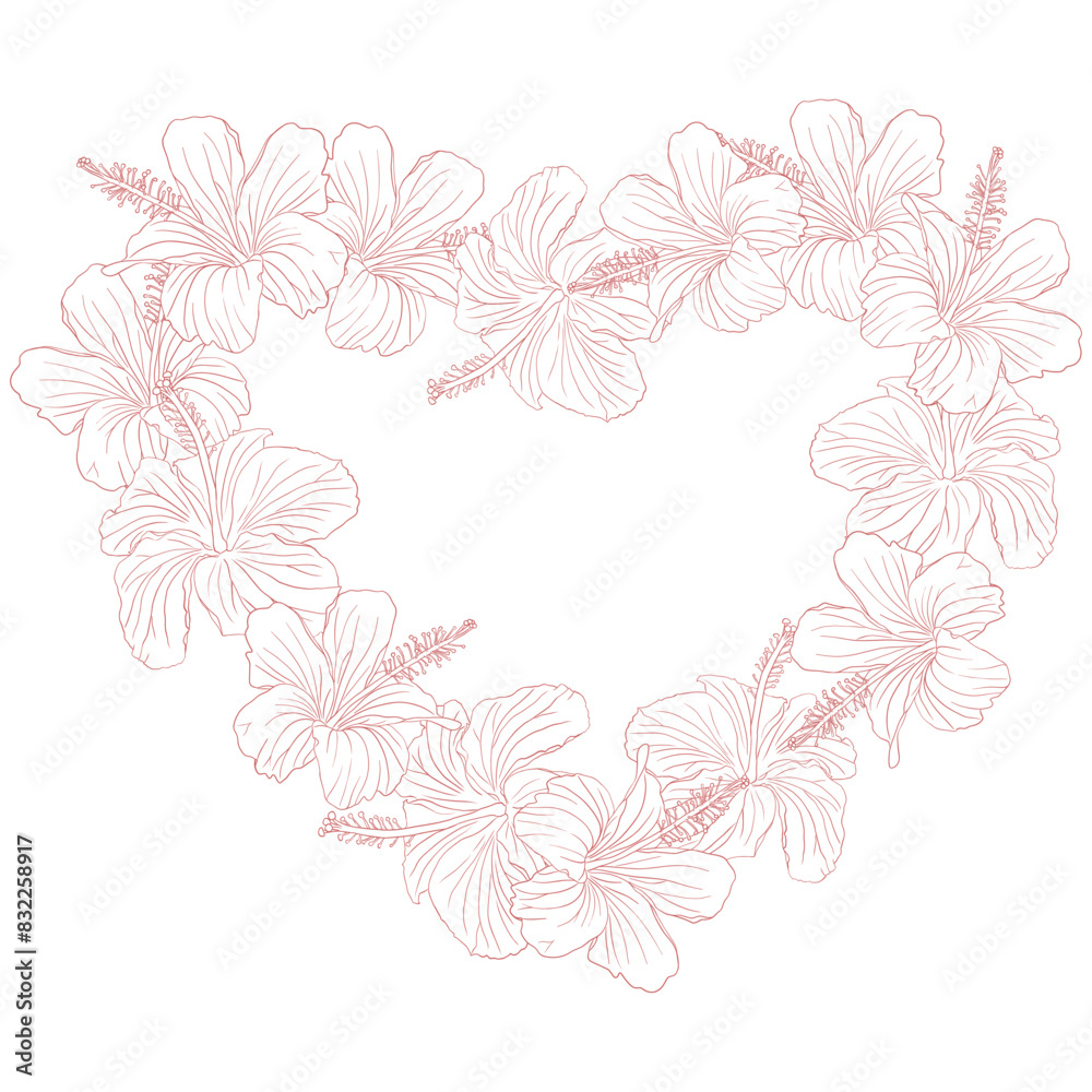 A pink hibiscus flower heart wreath with a black and white flower wreath. The flowers are arranged in a circular pattern for card or invite. A pink hibiscus flower heart wreath with a black and white flower wreath. The flowers are arranged in a circular pattern for card or invite.