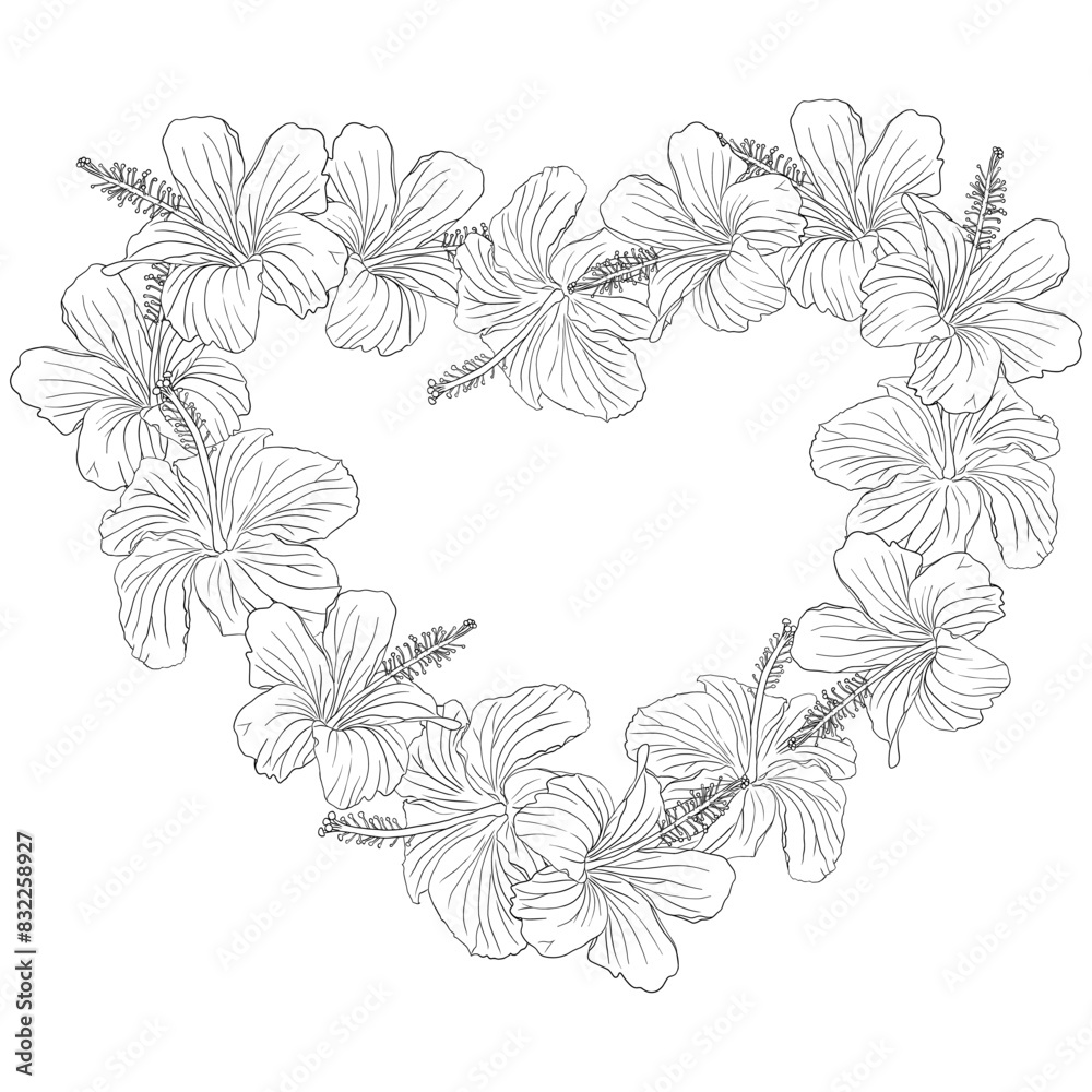 Hibiscus line art flower heart wreath with a black and white flower wreath. The flowers are arranged in a circular pattern for card or invite. Hibiscus line art flower heart wreath with a black and white flower wreath. The flowers are arranged in a circular pattern for card or invite.