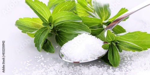 Green stevia leaves and granulated sweetener on spoon, health co