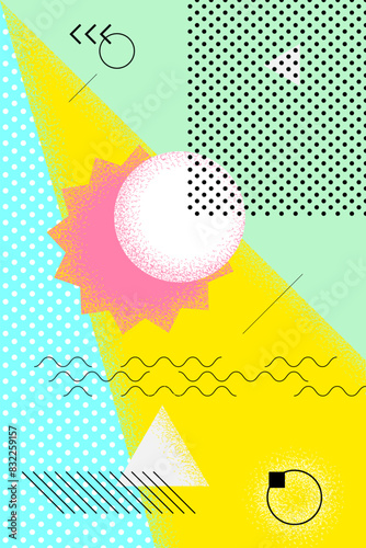 Abstract retro minimal summer poster. Swiss aesthetic brutalist bright geometric sun. Celebration party or sales advertising naive graphic print concept. Modern trendy creative artwork vector template