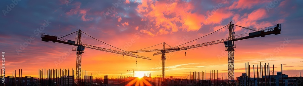 The silhouetted dance of cranes and iron rods at a construction site, highlighted by a stunning sunset, capturing the dynamic nature of urban development