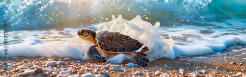 Turtle on the beach conservation relaxation reptile nature discovery sea in background
 photo