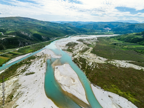 Vjosa River National Park from a drone, Wild River, Albania, Europe photo