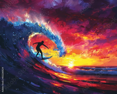 Sunset surfing waves, with a surfer silhouetted against the vibrant colors of the sky, creating a picturesque and thrilling moment