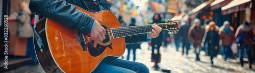 Talented street performer playing an acoustic guitar, surrounded by an appreciative crowd in a vibrant city square photo