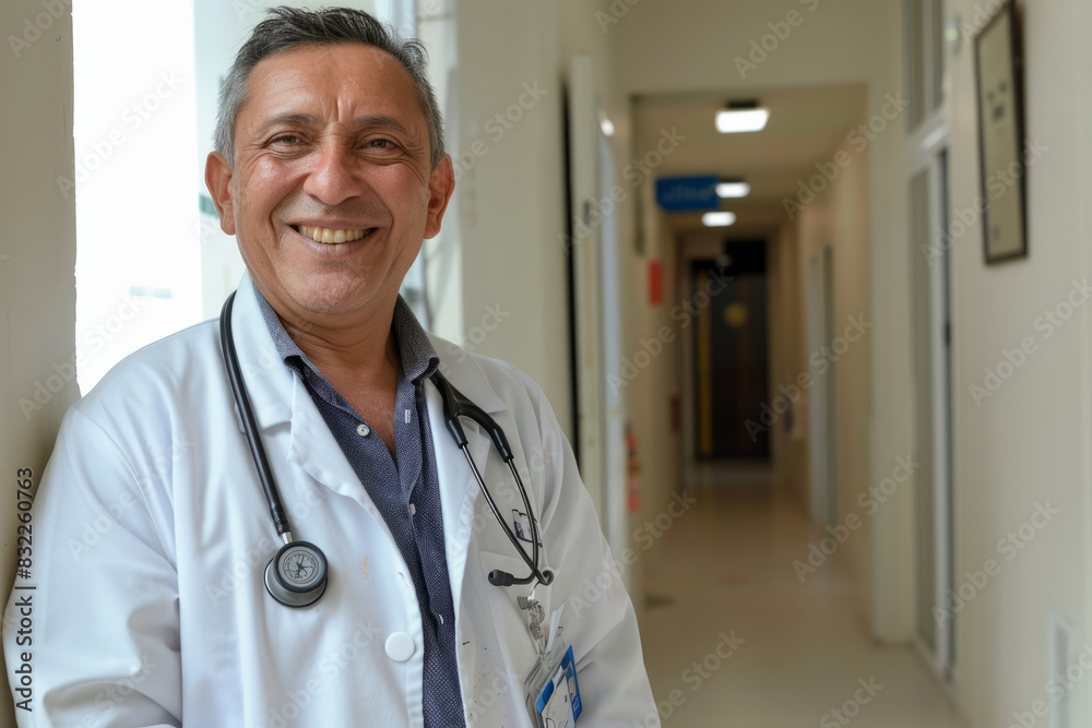 Portrait of happy male doctor standing in hospital corridor Portrait of happy male doctor standing in hospital corridor