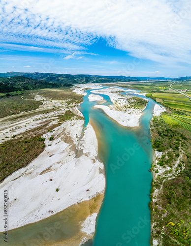 Panorama of Vjosa River National Park from a drone, Wild River, Albania, Europe photo