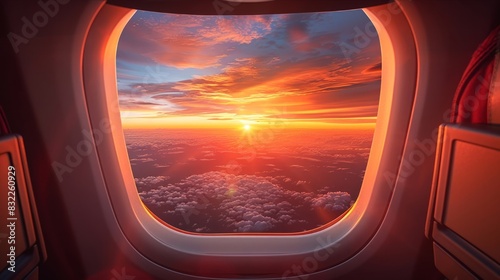 Stunning sunset view from airplane window with notebook on tray table