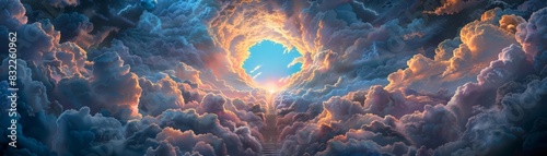 Steps to paradise, climbing through billowing clouds towards a brilliant arch, illuminated by heavenly light, evoking themes of redemption and hope photo
