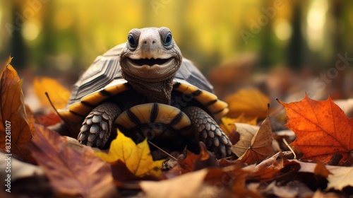 Portrait of happy turtle rejoices in autumn. photo
