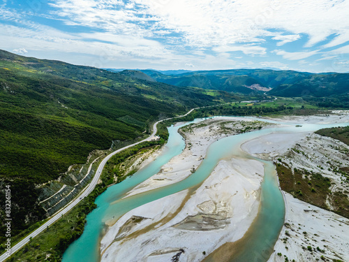 Vjosa River National Park from a drone, Wild River, Albania, Europe photo