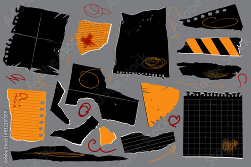 Vector pieces of torn ripped notebook paper scrap in cage, line and aged painted scribbles. Torn sheets of paper and newspaper clippings in orange, black punk rock style.