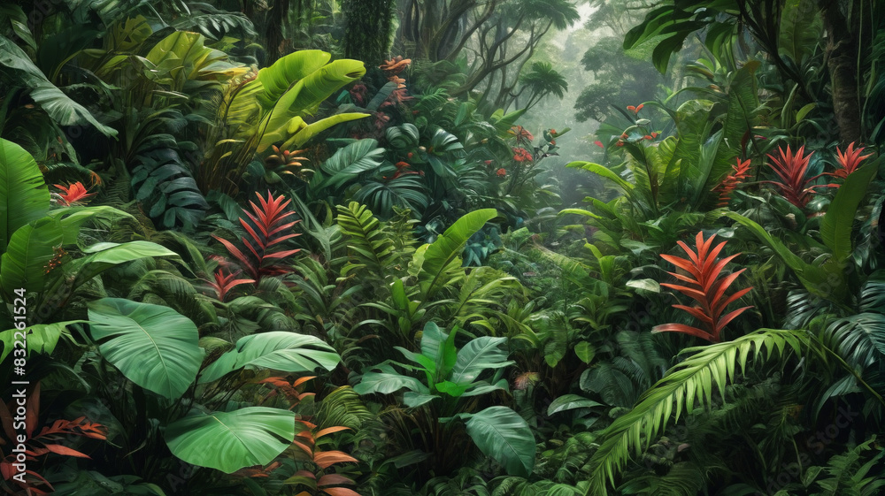 Naklejka premium Foliage Paradise: Capturing the Exuberance of the Dense Rainforest's Flora, Generative AI