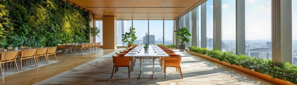 Highrise meeting room with floortoceiling greenery and modern furnishings, offering a serene environment for strategic discussions, overlooking the bustling city