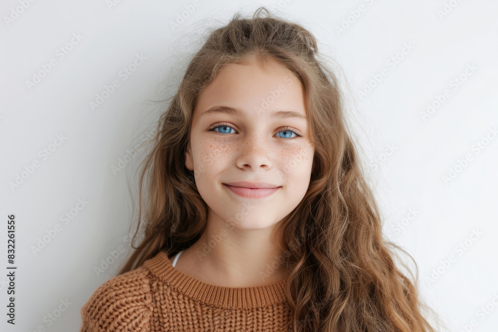 Portrait of smiling young girl with freckles and long hair Portrait of smiling young girl with freckles and long hair
