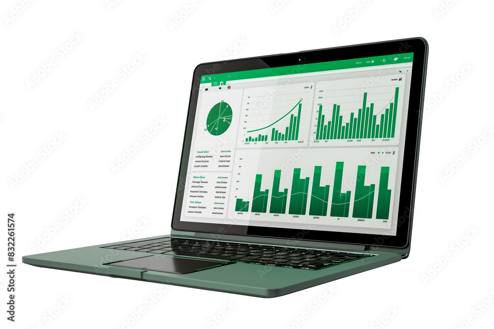 Laptop with financial stock charts on screen with transparent background Laptop with financial stock charts on screen with transparent background