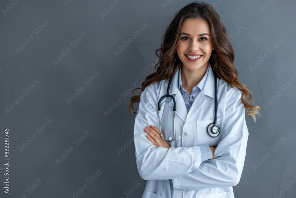 Confident female doctor smiling in medical coat with stethoscope