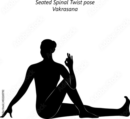 Silhouette of young woman practicing Vakrasana yoga pose. Seated Spinal Twist pose. Intermediate Difficulty. Isolated vector illustration
