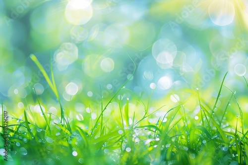 Vibrant spring field with lush grass and clear sky. Creative backdrop with soft focusing and room for messages