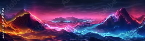 Vibrant neon streams flowing over dark mountainous terrain, offering a visual feast of fantasy and technology merging