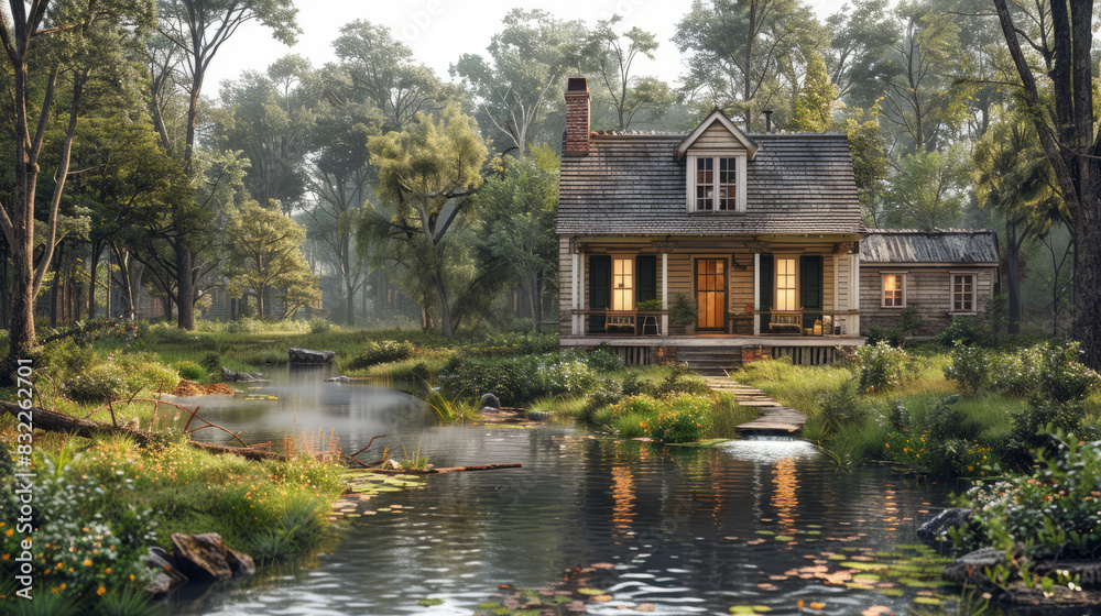 Quaint rustic cabin by a serene forest creek in the 19th century