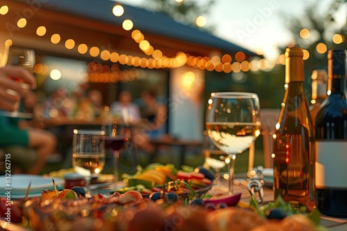 A picturesque outdoor dinner set-up with wine  food  and festive string lights  perfect for a summer evening gathering among friends.