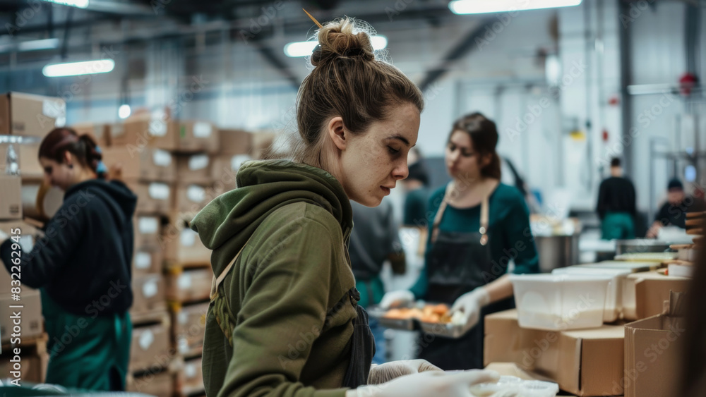 dedication of women as they meticulously pack food into boxes for a delivery project at a food pantry, ensuring that every package carries nourishment and hope to those in need. dedication of women as they meticulously pack food into boxes for a delivery project at a food pantry, ensuring that every package carries nourishment and hope to those in need.